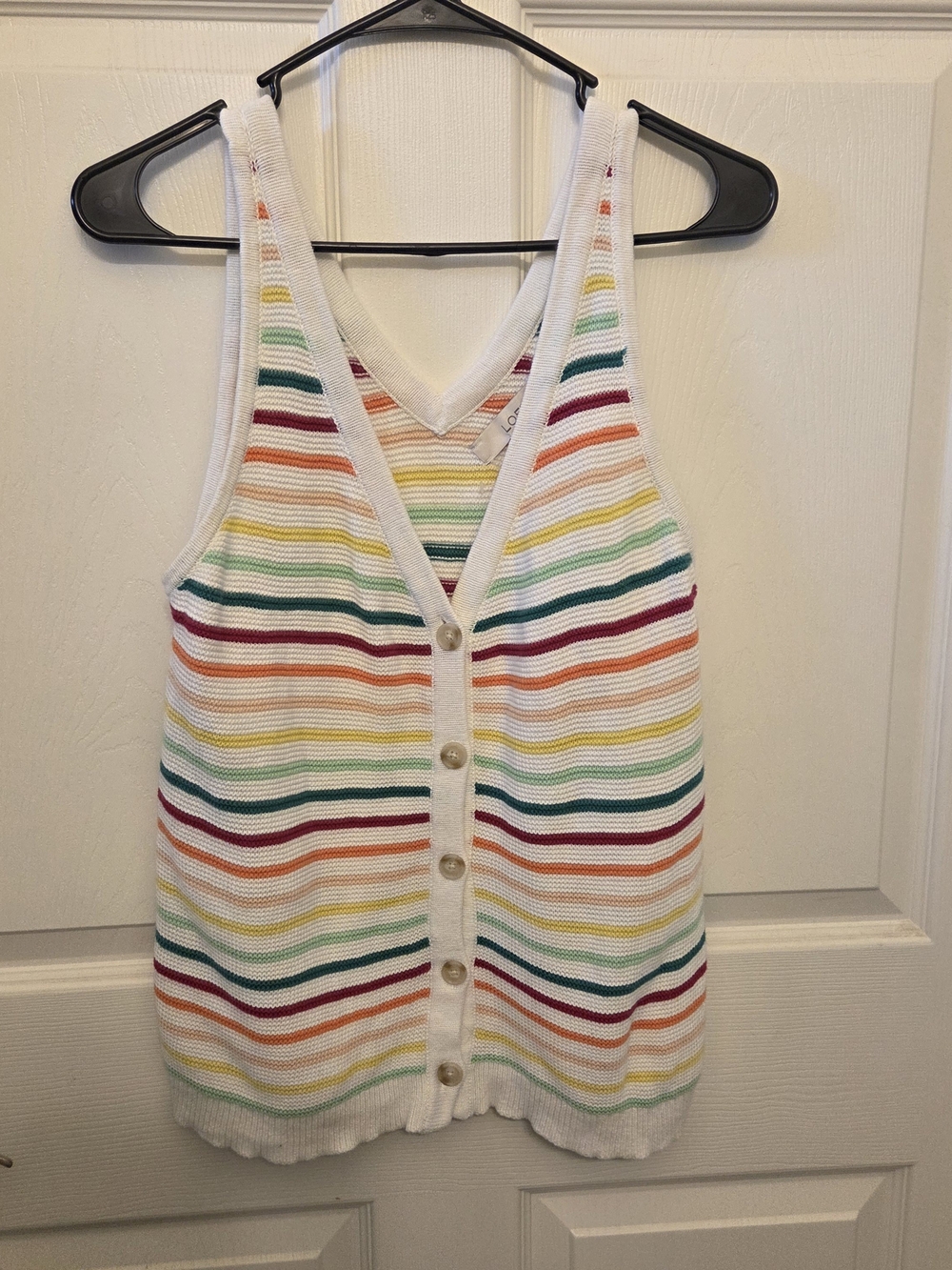LOFT White Knit Tank with Multicolor Stripe Buttons